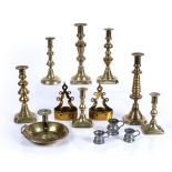 Collection of brassware to include: knopped candlesticks, the tallest measures 30.5cm high,