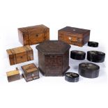 Group of boxes Victorian and others including a small boxwood money box in the form of a single