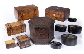 Group of boxes Victorian and others including a small boxwood money box in the form of a single
