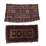 Two tribal bag faces to include Turkoman type bag face with a blue central panel and three geometric