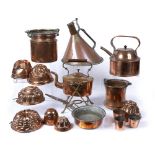 Collection of copper items to include: kettle on stand, jelly moulds, measures, pan, etc