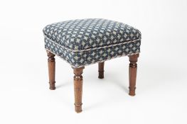 Mahogany and upholstered stool 19th Century, with turned supports, 40cm x 43cm x 42cm high