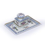 French porcelain ink or desk stand with painted decoration, faux Sèvres mark to the base, 18cm