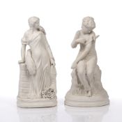 Two parian ware figure groups of ladies with a dove on their shoulders, both unmarked, the