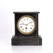 Black slate mantel clock the white enamel dial with Roman numerals, with key, 20cm wide x 21cm high,