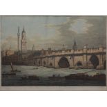 After Joseph Farington (1747-1821) Coloured aquatint, 'View of London Bridge, including the church