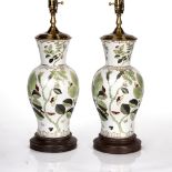 Pair of contemporary table lamps continental porcelain, with painted decoration of leaves and