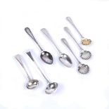 Group of silver and plated spoons including feather edge shell bowl salt spoon 18th Century and