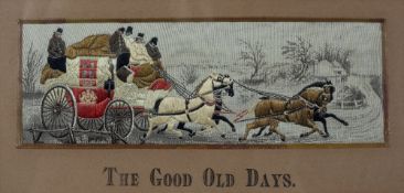 Collection of pictures consisting of two Stevengraphs, 6cm x 15cm, a unsigned etching, 4.5cm x 10cm,