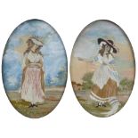 Pair of oval silk and gouache studies early 19th Century, depicting country figures in gilt oval