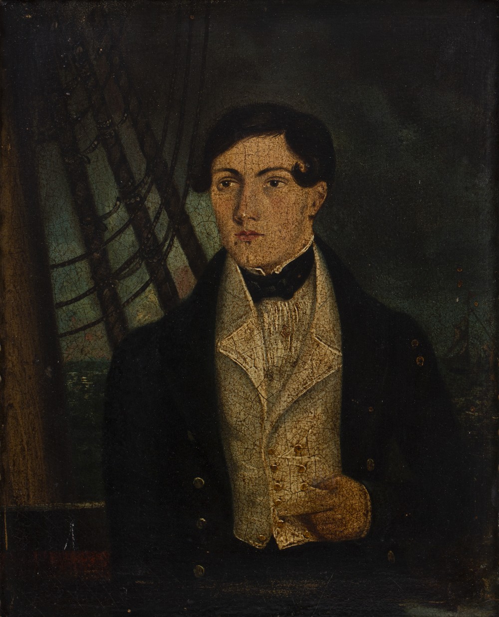 19th Century English School A naval officer, oil on board, 25cm x 20cm Condition: light marks to the