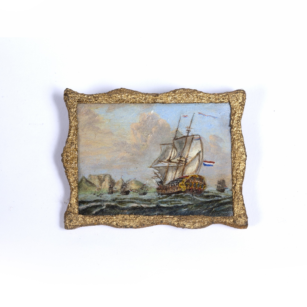 Miniature naval scene depicting French vessels, off the South African coast, on canvas, in a gilt