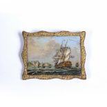 Miniature naval scene depicting French vessels, off the South African coast, on canvas, in a gilt