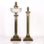 Two similar table lamps on brass Corinthian columns, both converted, one with glass reservoir,