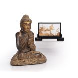 Seated carved wood buddha South East Asian,38cm high and a Chinese carved cork study in an