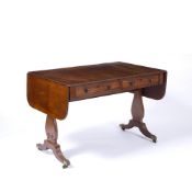 Mahogany drop-leaf sofa table 19th Century, on carved lyre supports with brass paw castors, 172cm