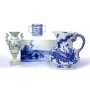 Delft blue and white plaque painted with a river scene, after Frank W. Roelofs,20cm x 32cm, a