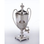 Silver plated samovar of trophy cup form, standing on four bun feet, by Walker & Hall of