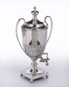 Silver plated samovar of trophy cup form, standing on four bun feet, by Walker & Hall of