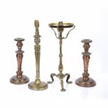 Two brass column table lights one with a fluted column, 43cm high and a pair of Sheffield plated