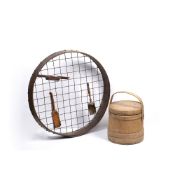 Collection of the treen to include: large garden sieve with wooden frame, pine container, a