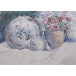 Dalina Parton (XX) Still life of a various bowls and a jug of summer flowers, watercolour, signed,