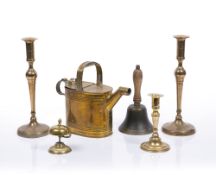 Pair of slender brass candlesticks possibly Scandinavian, dated 1824, 34cm high, a brass watering