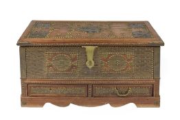 Zanzibar small hardwood coffer with brass mounts and lock, fitted two drawers and with brass