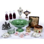 Collection of ceramics and glassware to include: green glazed majolica tazza with leaf moulded