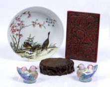 Chinese Republic saucer dish 17.5cm, a hardwood jade stand, 10cm, a cinnabar lacquer lid 13cm x 10cm