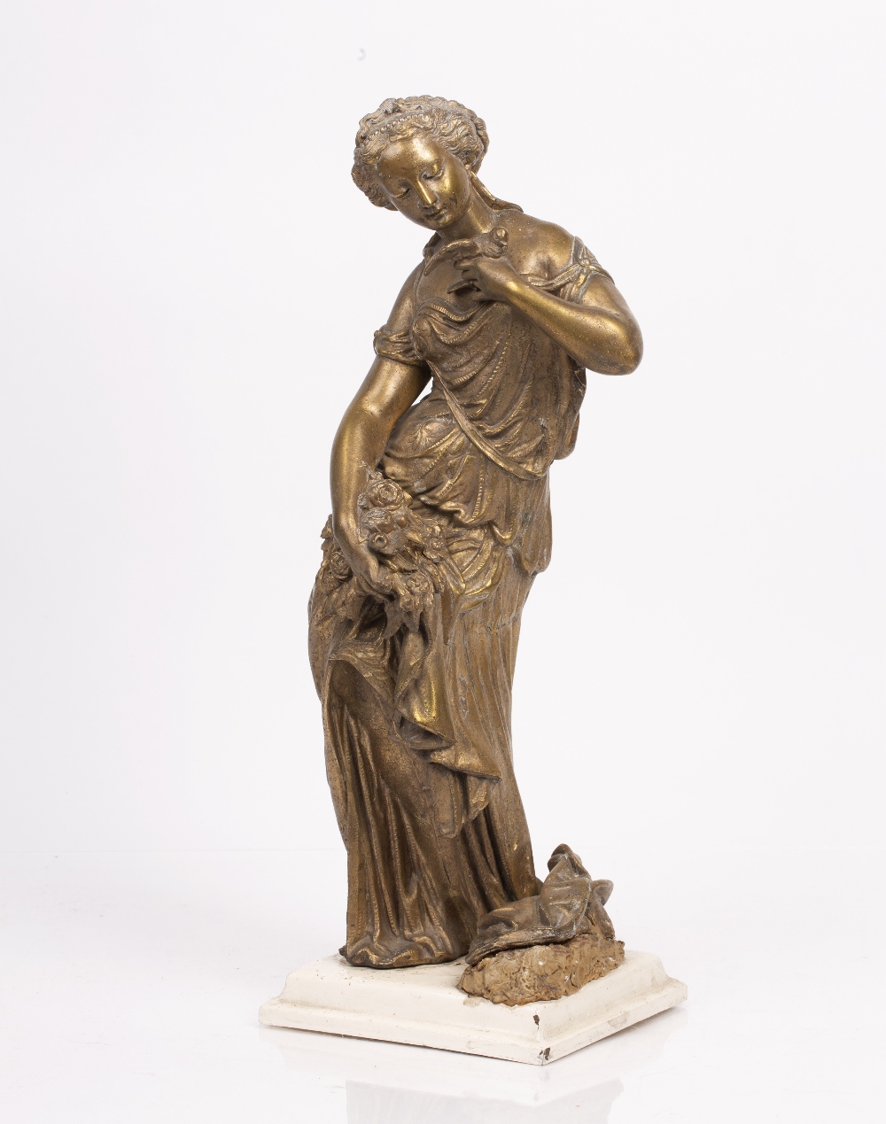 Classical style figure of a female with a dove gilt painted metal, unsigned, on later painted - Image 3 of 3