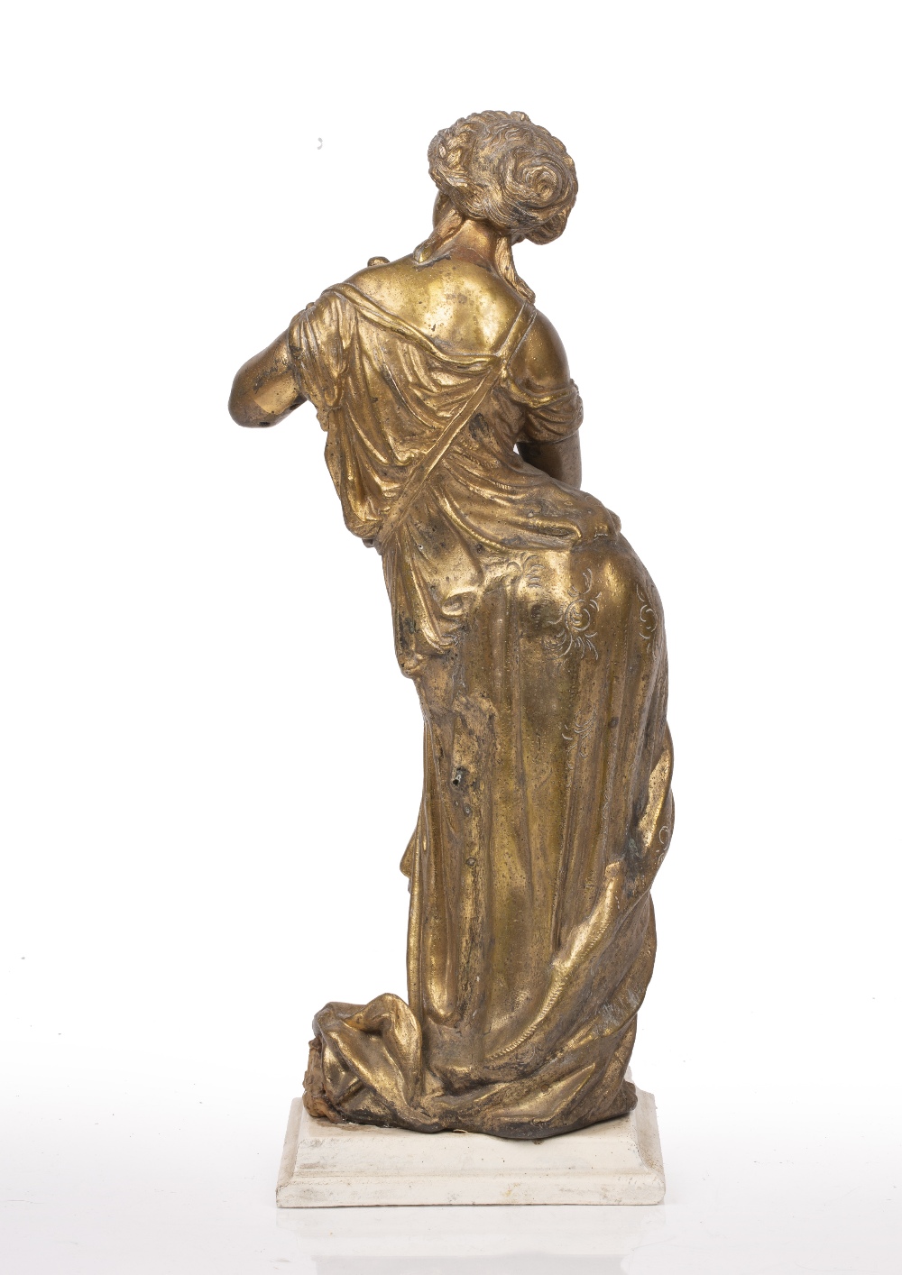 Classical style figure of a female with a dove gilt painted metal, unsigned, on later painted - Image 2 of 3