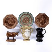 Small collection of ceramics consisting of: a Staffordshire cow creamer, three Whieldon type plates,