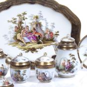 Meissen porcelain hot chocolate service consisting of a tray, two chocolate cups and covers, two