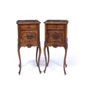 Pair of walnut and marble bedside tables French, circa 1900, each with fitted drawer and marble