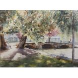 B A Crosby Stone footbridge at Bourton on the Water, watercolour, signed lower right, 44cm x 58cm