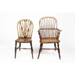 Yew-wood and elm Windsor chair 19th Century, with arched stick-back and solid seat, 57cm across,