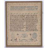 Antique needlework sampler worked in coloured threads, with religious verse, signed 'Ann Sheldon,