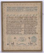 Antique needlework sampler worked in coloured threads, with religious verse, signed 'Ann Sheldon,