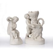 Two pieces of parian ware one a posy vase modelled as a boy and swan, 22cm high and the other 19cm