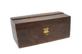 Oak coaching box 19th Century, with compartmented interior and sunk brass handle with original label