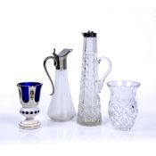 Overlaid blue glass goblet Bohemian, 15cm high, two glass claret jugs with plated mounts 32cm and
