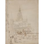 Joseph Farington (1747-1821) Busy Continental street scene with cathedral, pen and ink, 46cm x