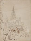 Joseph Farington (1747-1821) Busy Continental street scene with cathedral, pen and ink, 46cm x
