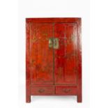 Large red lacquer cupboard Chinese, decorated with various figures, pagodas and children playing,