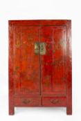 Large red lacquer cupboard Chinese, decorated with various figures, pagodas and children playing,