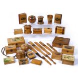 Collection of Mauchline ware to include: string boxes, trinket boxes, page turner, letter openers,