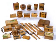 Collection of Mauchline ware to include: string boxes, trinket boxes, page turner, letter openers,