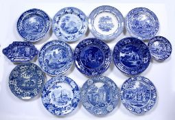 Group of blue transfer pottery including 'Netley Abbey'', Indian scene with a giraffe, Doctor Syntax
