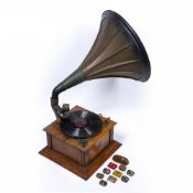 Horn gramophone the needle marked Heart, made in Germany, base 37cm square Condition: working,